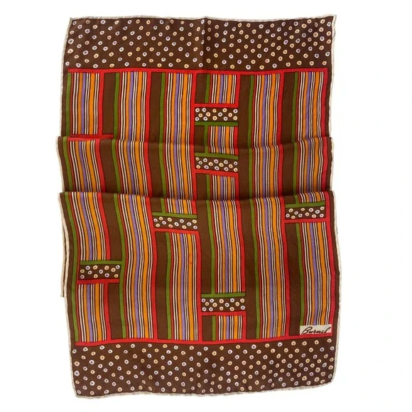 Vintage BURMEL Rectangle 13x46 Neck Scarf Mod‎ Silk Graphic 60s Brown Stripe Dot - Picture 4 of 7